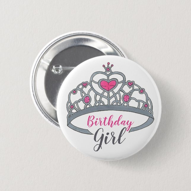 Pretty Pink Princess Tiara Birthday Party Girl 2 Inch Round Button (Front & Back)
