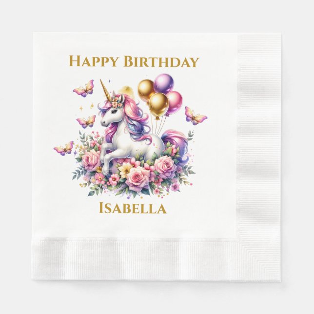 Pretty Pink, Purple and Gold Unicorn Birthday  Napkin (Front)