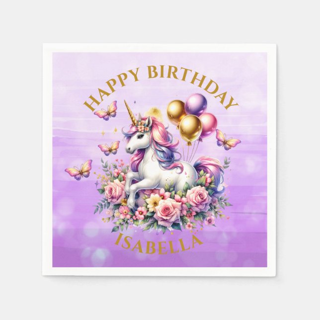 Pretty Pink, Purple and Gold Unicorn Birthday  Napkin (Front)
