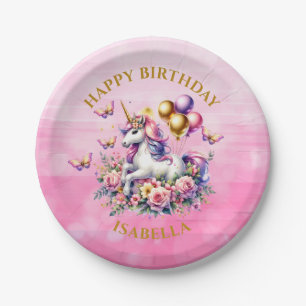 Pretty Pink, Purple and Gold Unicorn Birthday Paper Plate