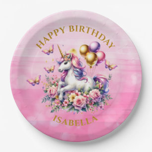 Pretty Pink, Purple and Gold Unicorn Birthday  Paper Plate