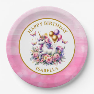 Pretty Pink, Purple and Gold Unicorn Birthday Paper Plate