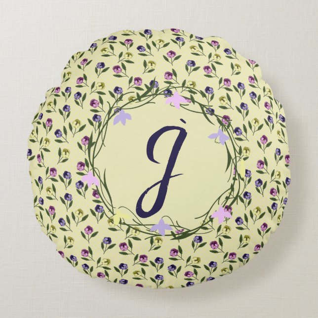 Pretty Pink Purple and Yellow Pansies Round Pillow (Front)
