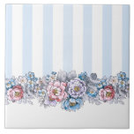 Pretty Pink, Purple & Blue Flowers & Stripes Tile<br><div class="desc">Pretty vintage-inspired design featuring rows of vertical blue and white stripes with colourful border of pink, blue and purple flowers with dark outlines.</div>