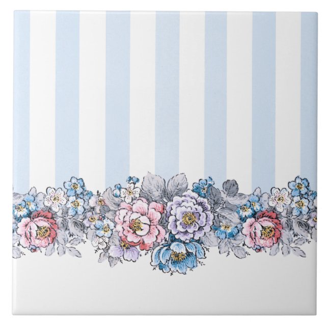 Pretty Pink, Purple & Blue Flowers & Stripes Tile (Front)