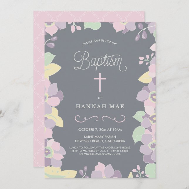 Pretty Pink, Purple Floral Baptism Invite w/ Cross (Front/Back)