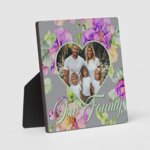 Pretty pink purple floral Family photo template Plaque