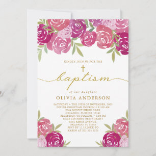 Pretty Pink & Purple Floral Roses Leaves Baptism Invitation