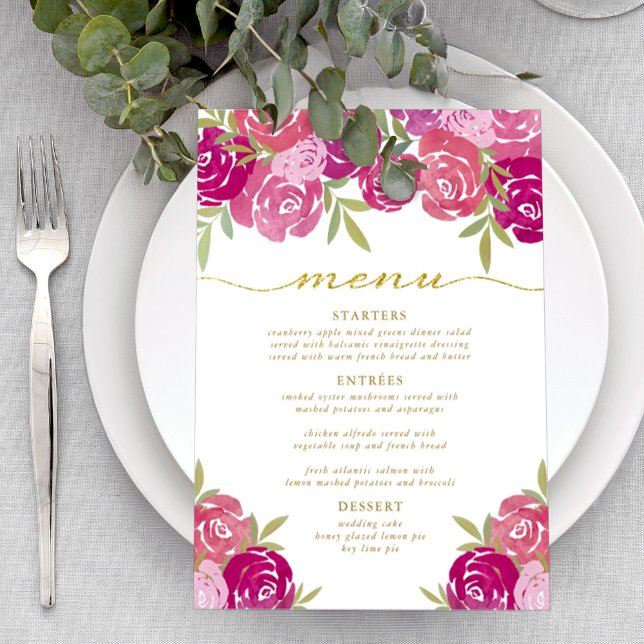 Pretty Pink & Purple Floral Roses Leaves Wedding Menu (Creator Uploaded)