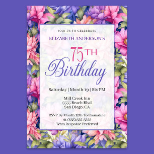 Pretty Pink Purple Garden Flowers 75th Birthday  Invitation