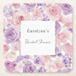 Pretty Pink Purple Hearts Floral Bridal Shower Square Paper Coaster<br><div class="desc">Pretty Pink Purple Hearts Floral Bridal Shower</div>