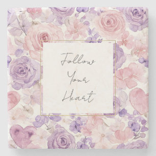 Pretty Pink Purple Hearts Floral  Stone Coaster