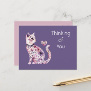 Pretty Pink Purple Hearts Roses Floral Cat Postcard
