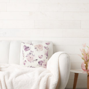 Pretty Pink Purple Hearts Roses Floral  Throw Pillow