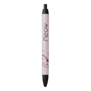 Pretty Pink Purple Roses Floral Cat Black Ink Pen