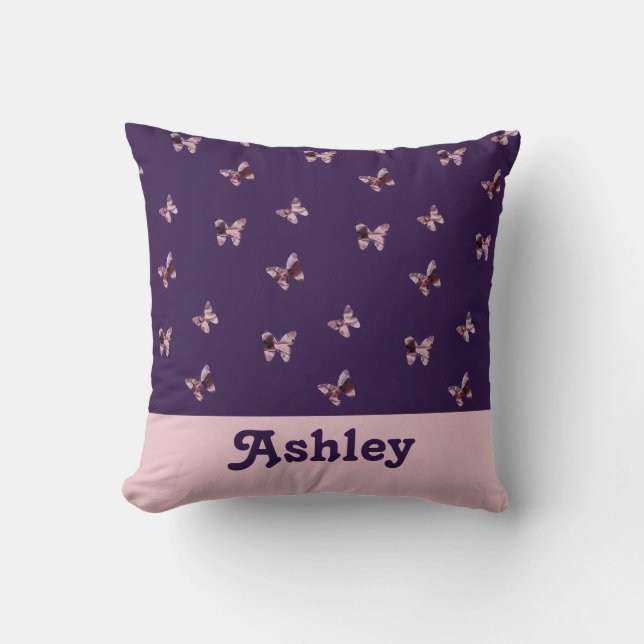 Pretty Pink Purple Satin Butterfly Pattern Animals Throw Pillow (Front)