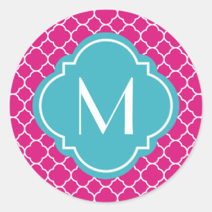 Pretty Pink Quatrefoil Pattern with Monogram Classic Round Sticker