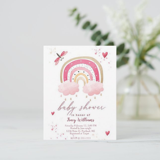 Pretty pink rainbow baby shower invitation (Standing Front)