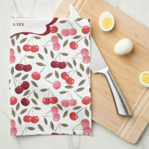 Pretty Pink & Red Cherry Pattern   Monogram Tea Kitchen Towel