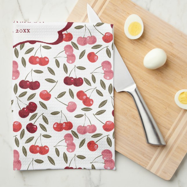 Pretty Pink & Red Cherry Pattern | Monogram Tea Kitchen Towel (Quarter Fold)