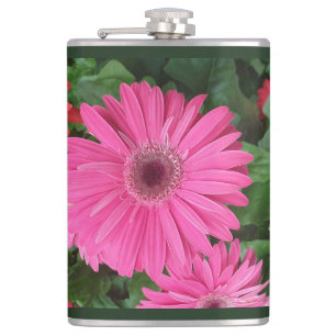 PRETTY PINK RED GERBERA FLOWERS FLORAL IMAGE NAME HIP FLASK