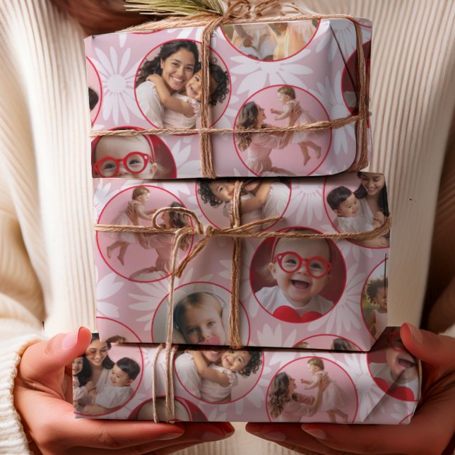 Pretty Pink & Red Photo & Daisy Pattern Wrapping Paper Sheet (Creator Uploaded)