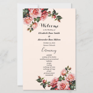 Pretty pink red roses wedding program