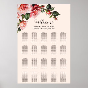 Pretty pink red roses wedding seating chart