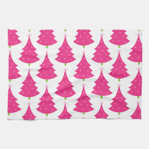 Pretty Pink Retro Christmas Tree Pattern Kitchen Towel