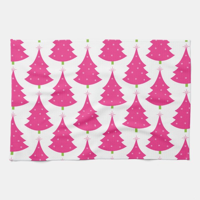 Pretty Pink Retro Christmas Tree Pattern Kitchen Towel (Horizontal)
