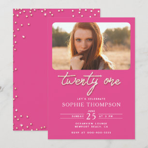 Pretty Pink Rhinestone Elegant 21st Birthday Photo Invitation