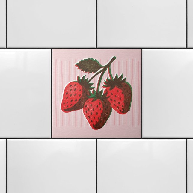 Pretty Pink Risograph 3 Strawberries & Stripes  Tile (Creator Uploaded)