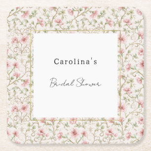 Pretty Pink Romantic Floral Bridal Shower Square Paper Coaster