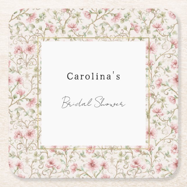 Pretty Pink Romantic Floral Bridal Shower Square Paper Coaster (Front)