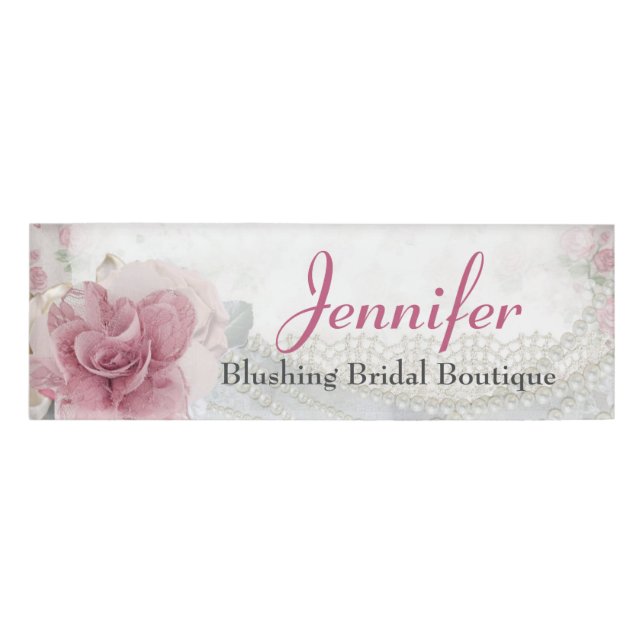 Pretty Pink Rose and Pearls Employee Name Tag (Front)