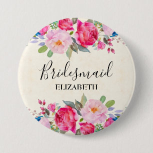Pretty Pink Rose and Peony Border Bridesmaid 3 Inch Round Button
