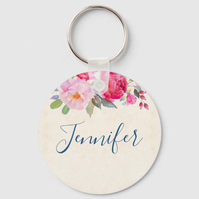 Pretty Pink Rose and Peony Border Keychain (Front)