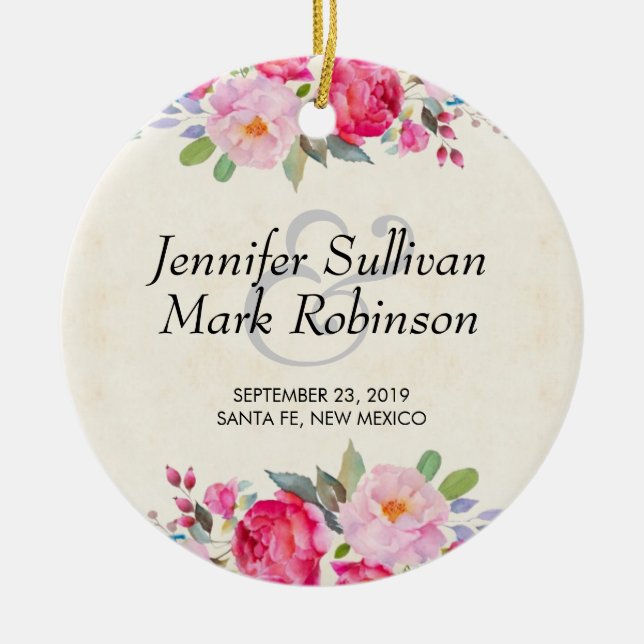 Pretty Pink Rose and Peony Border Wedding Ceramic Ornament (Front)