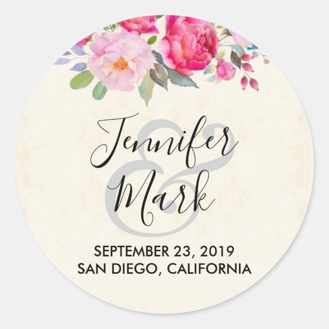 Pretty Pink Rose and Peony Border Wedding Classic Round Sticker (Front)