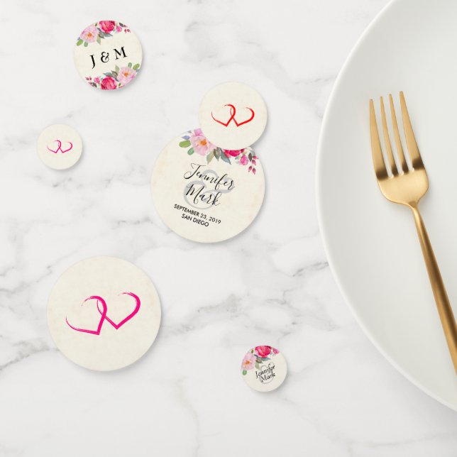 Pretty Pink Rose and Peony Border Wedding Hearts Confetti (Group)