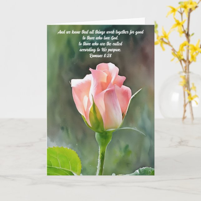 Pretty Pink Rose Bud Bible Verse Art Note Card (Yellow Flower)