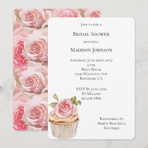 Pretty Pink Rose Cupcake Bridal Shower Invitation