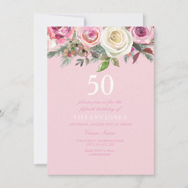 Pretty Pink Rose Floral 50th Birthday Invite (Front)