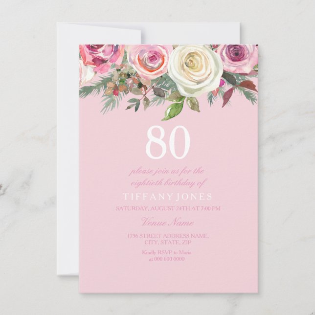 Pretty Pink Rose Floral 80th Birthday Invite (Front)