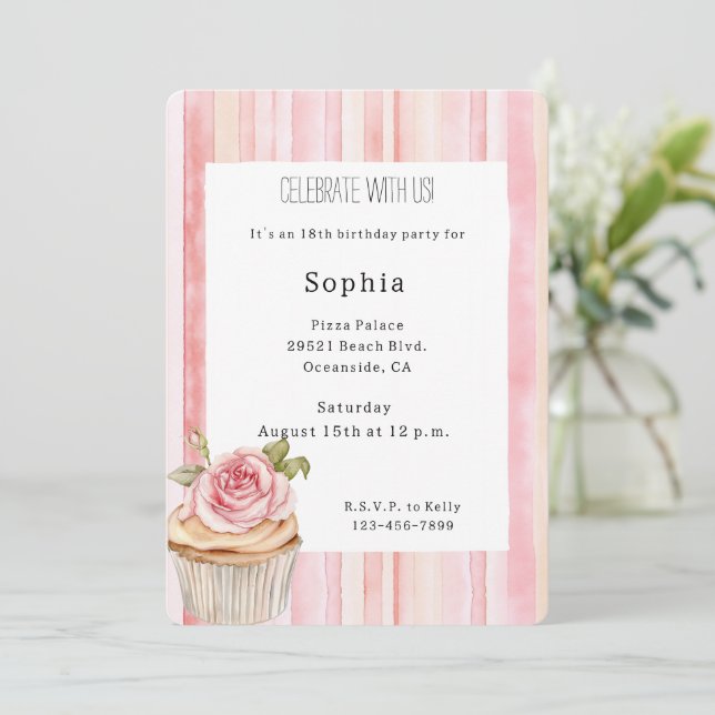 Pretty Pink Rose Floral Cupcake Birthday   Invitation (Standing Front)