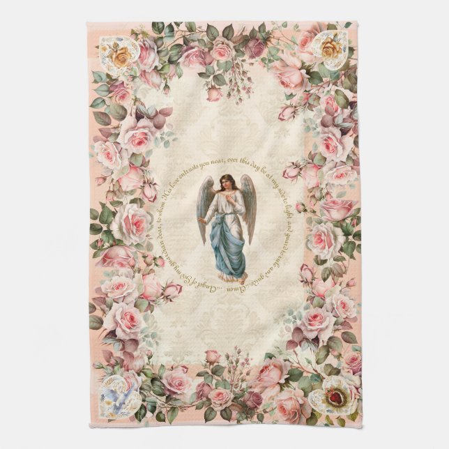 Pretty Pink Rose Floral Guardian Angel Kitchen Towel (Vertical)
