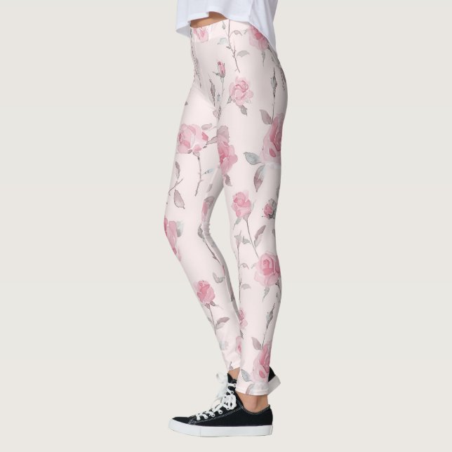 Pretty Pink Rose Floral Leggings (Left)