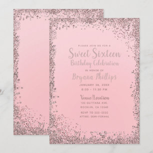 Pretty Pink Rose Gold Glitter Edge Sweet 16 Party Invitation