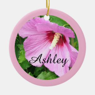 Pretty Pink Rose of Sharon Photo Personalized Ceramic Ornament