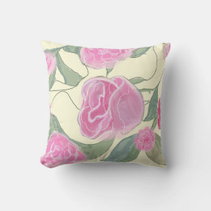 Pretty Pink Rose Pattern Digital Watercolor Throw Pillow